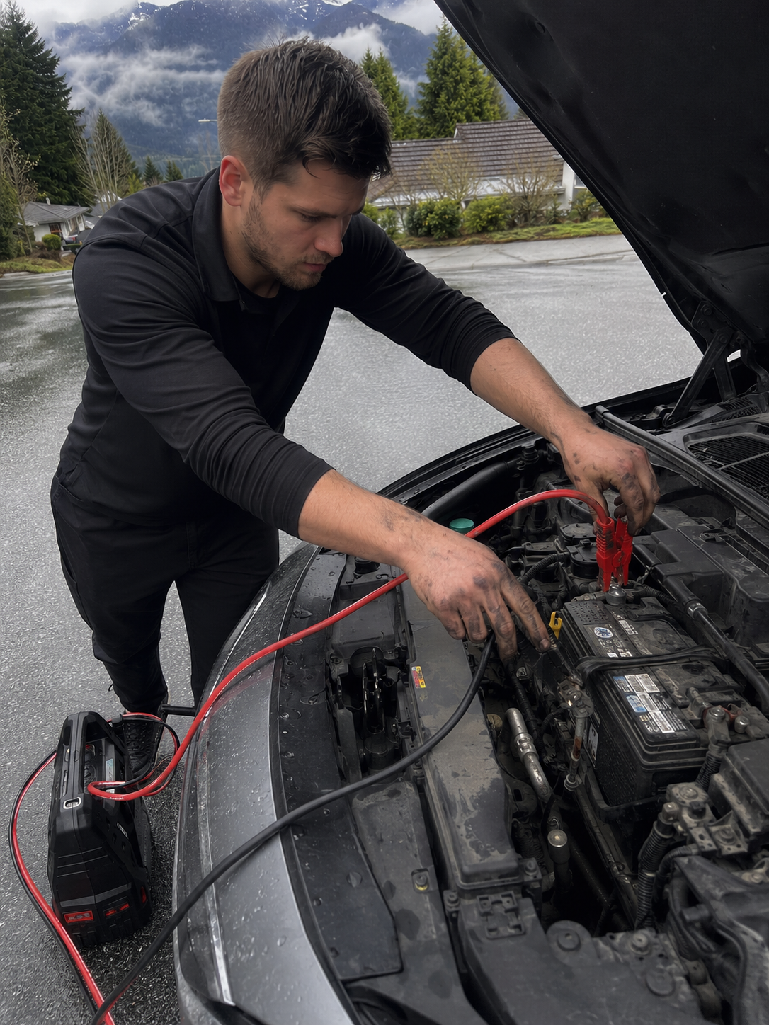 Mobile mechanic connecting jumper cables to a car battery with a booster pack on the ground and mountains in the background