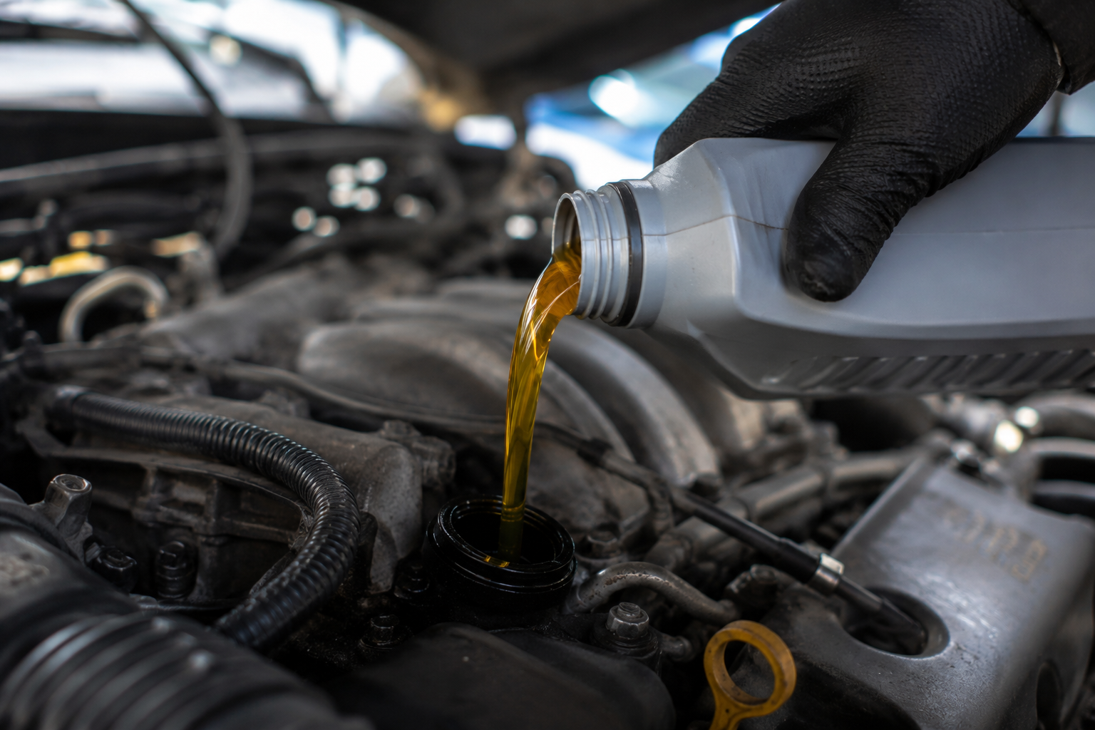 Close-up of a hand pouring fresh engine oil into a car's oil fill port during a service
