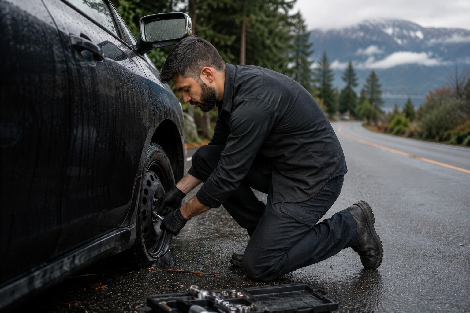 Mobile mechanic kneeling beside a car on a mountain road performing a roadside tire change with a tool case on the pavement